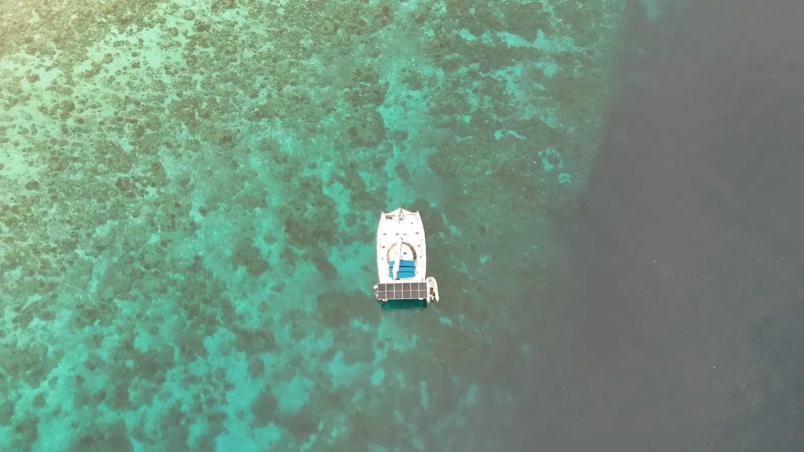 Aerial top-down of catamaran anchored over reef