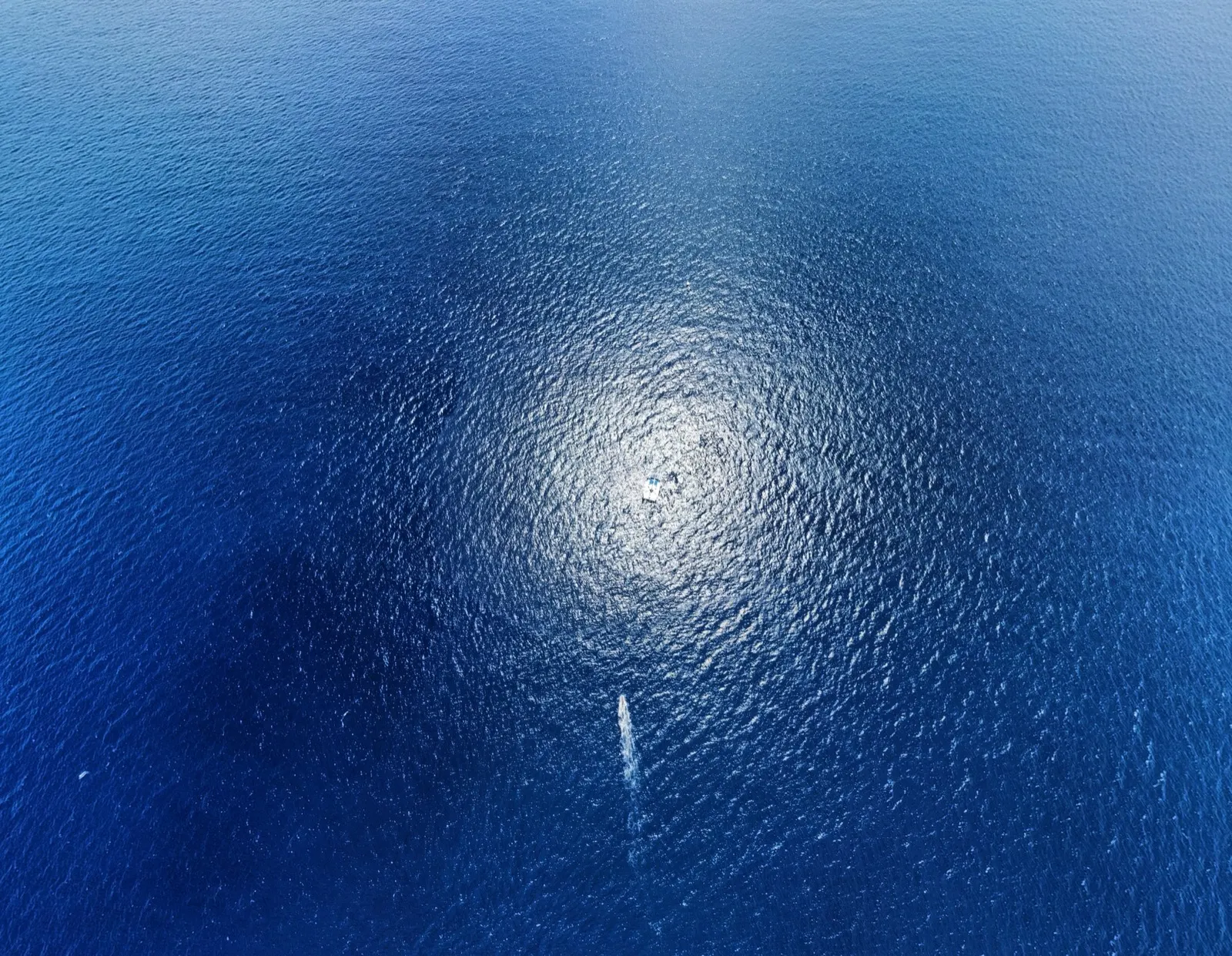 Wide ocean panorama, catamaran as tiny distant speck