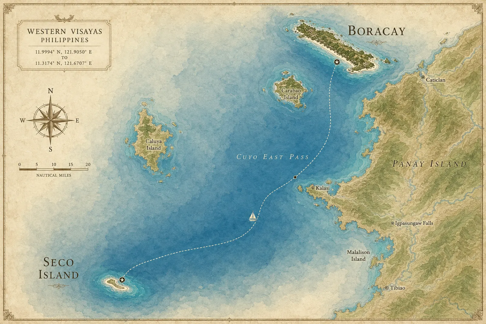 Illustrated map showing sailing route from Boracay to Seco Island