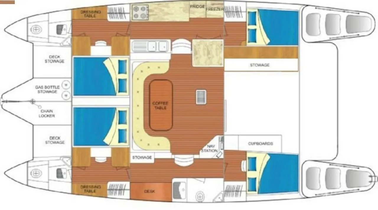 Deck layout diagram of Soniya showing four cabins, saloon, and galley