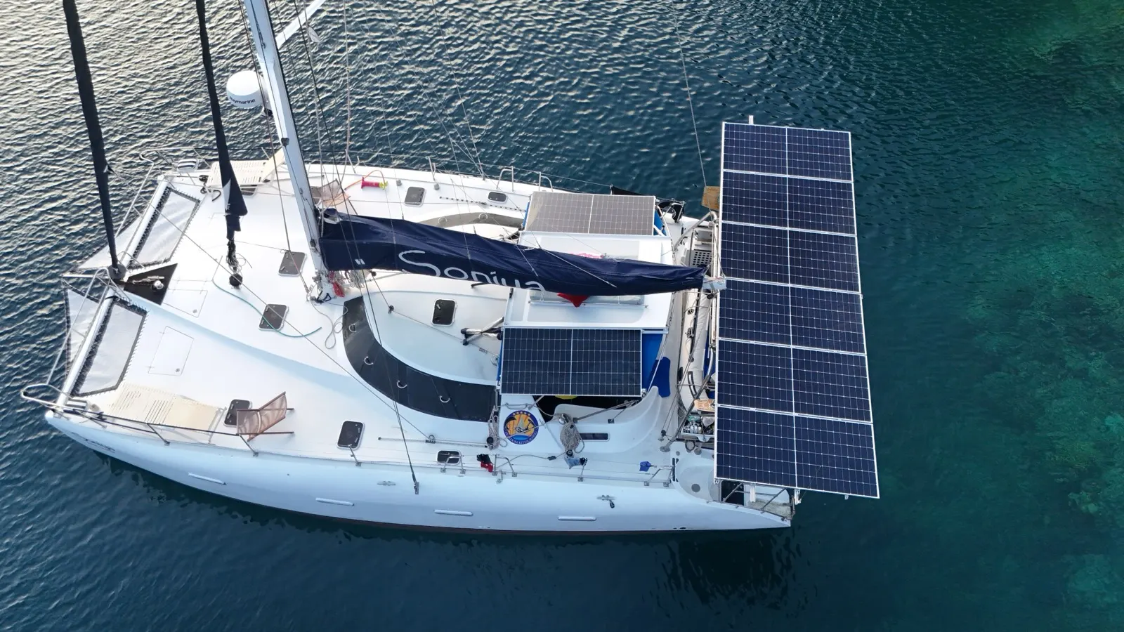 Close aerial detail of Soniya's deck and solar panels