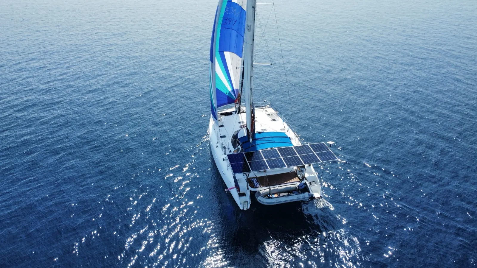 Catamaran sailing with striped blue "FREEDOM" spinnaker