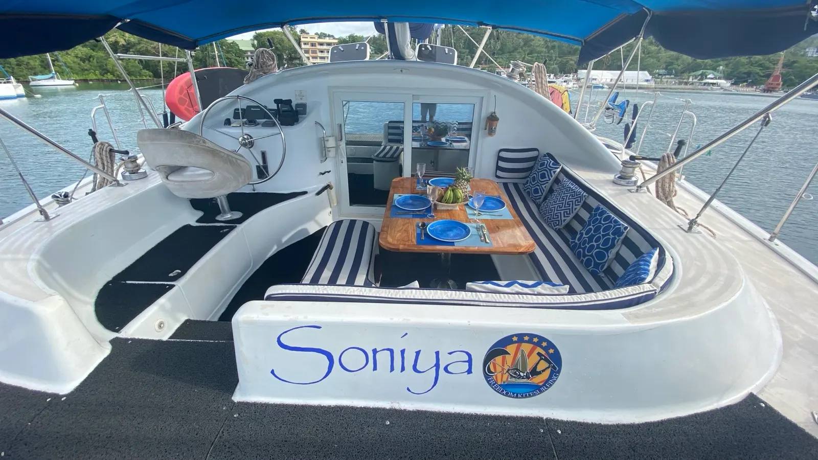 Cockpit dining table set for guests, "Soniya" nameplate visible