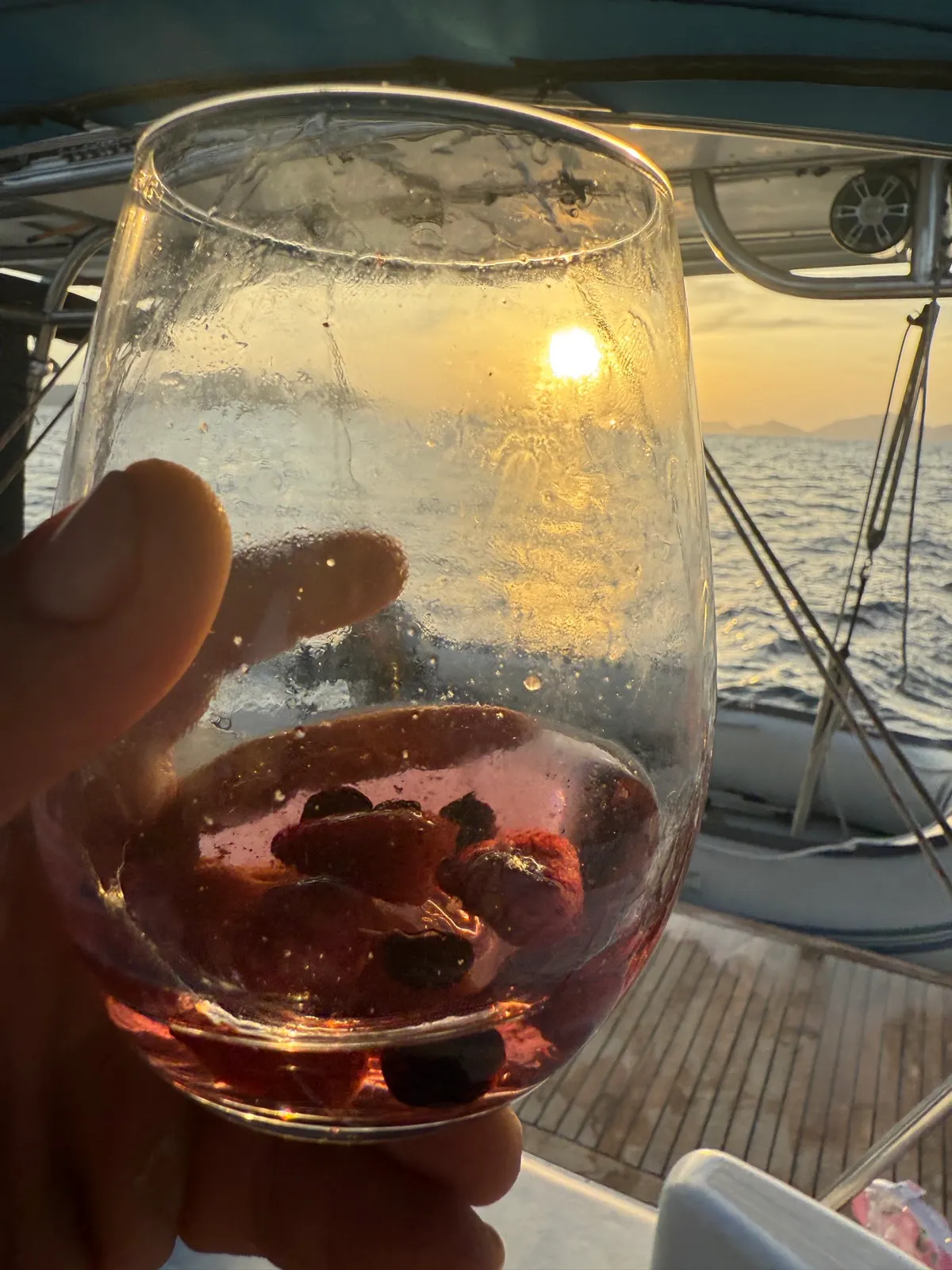 Wine glass with fruit garnish on deck