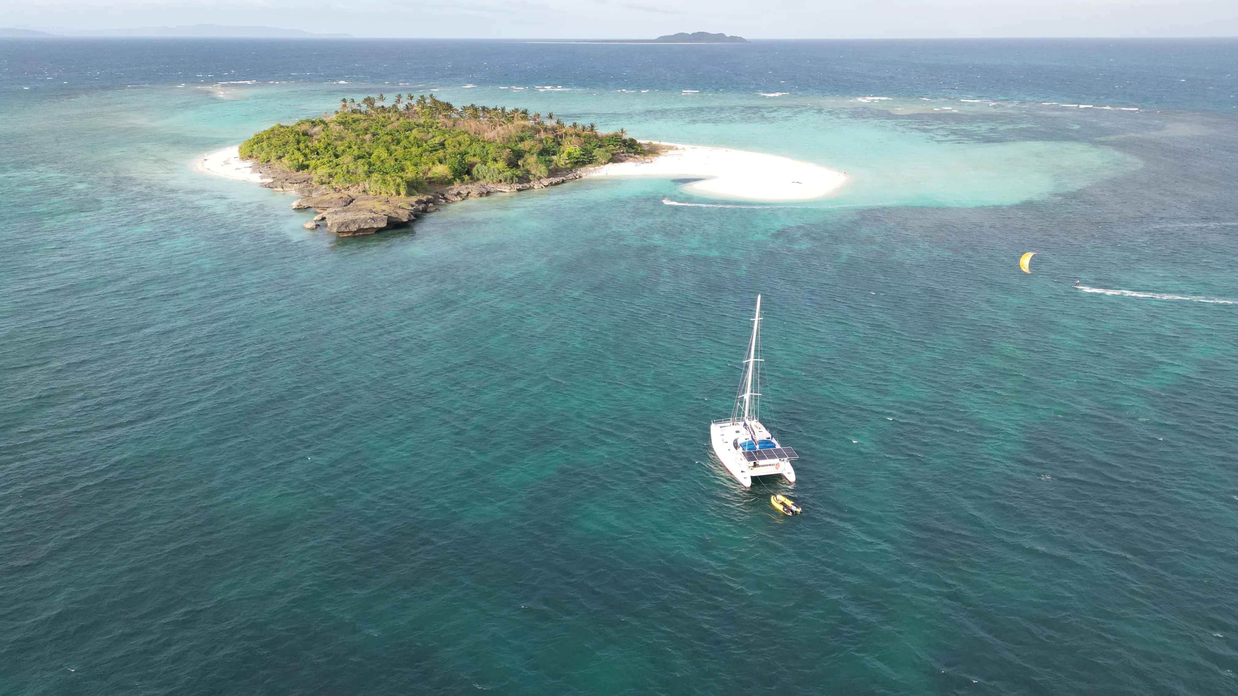 Aerial view of Soniya anchored beside a remote atoll island off Mindoro