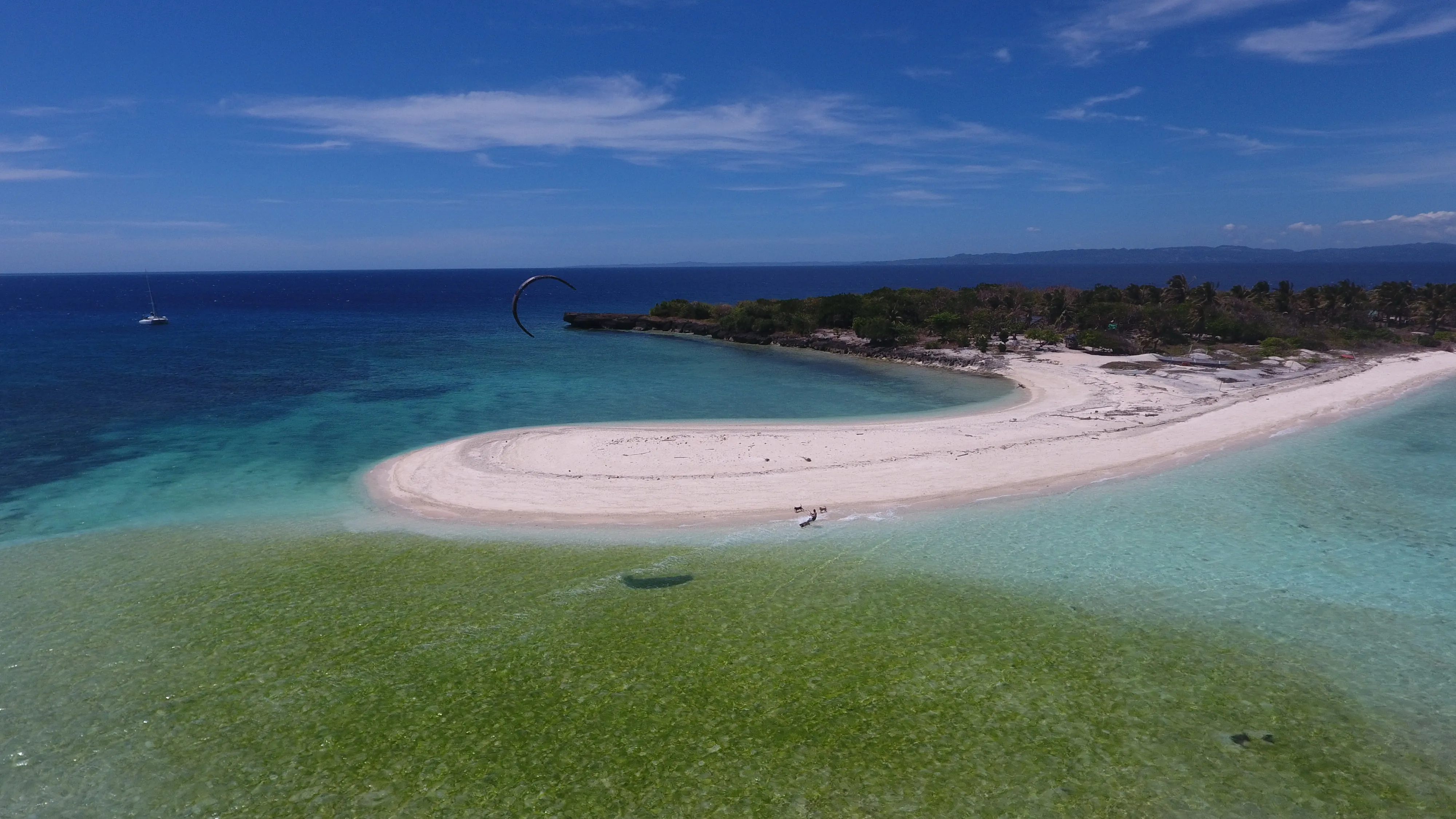 Aerial view of a kitesurfer and a dog on a Mindoro sandbar