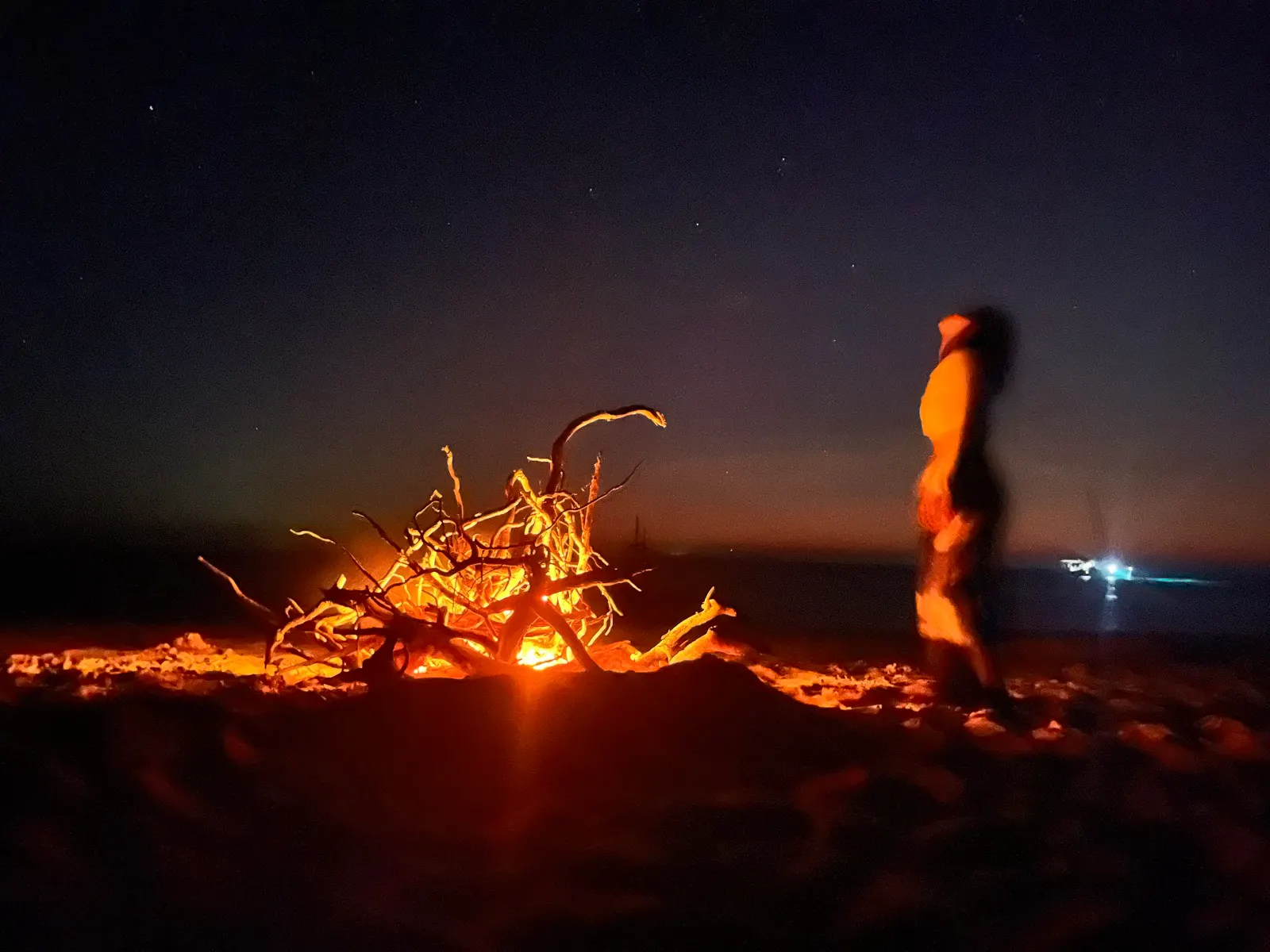 Beach bonfire at night under starry sky