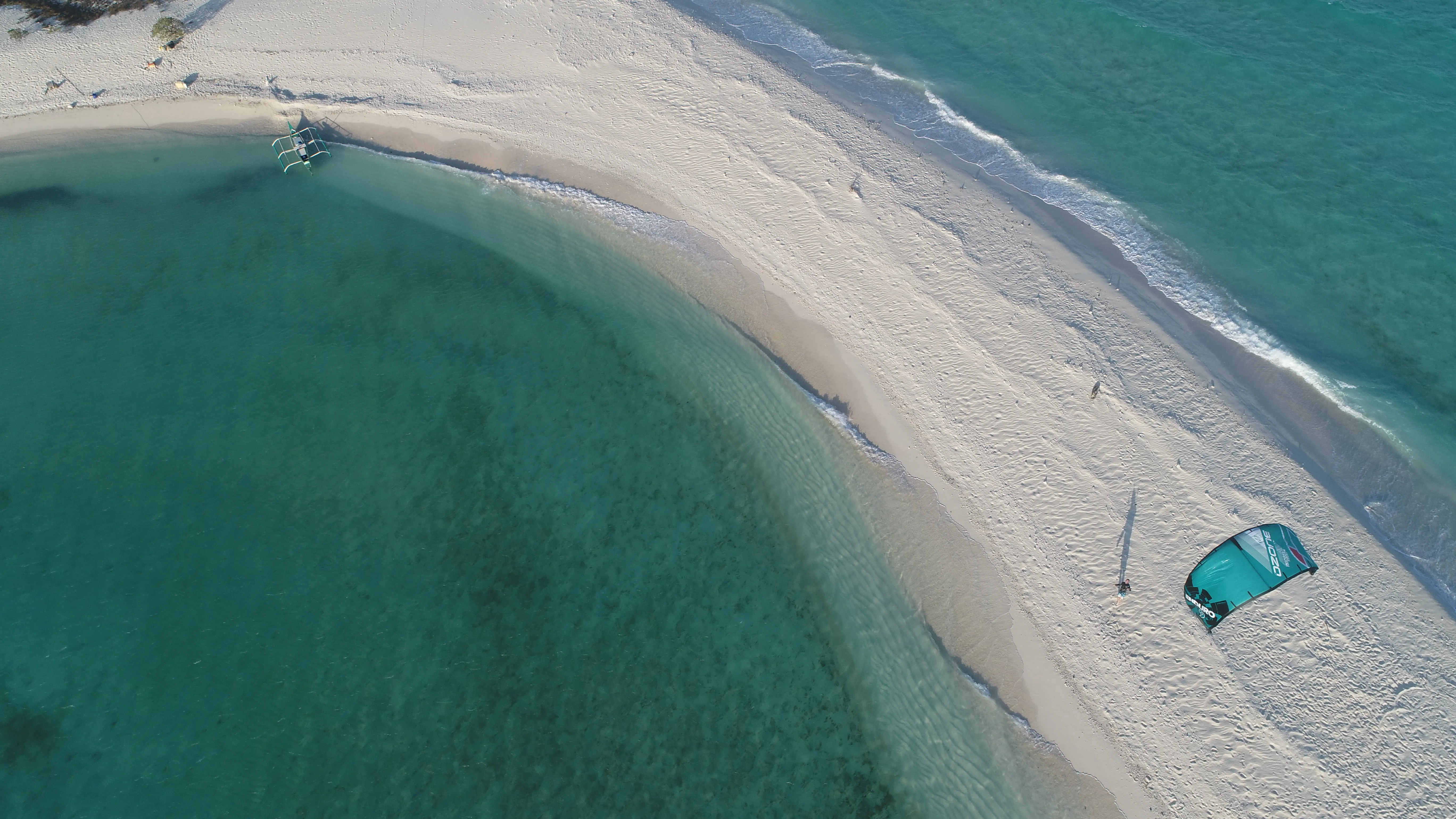 Aerial close-up of Seco Island's sandbar with kite gear laid out