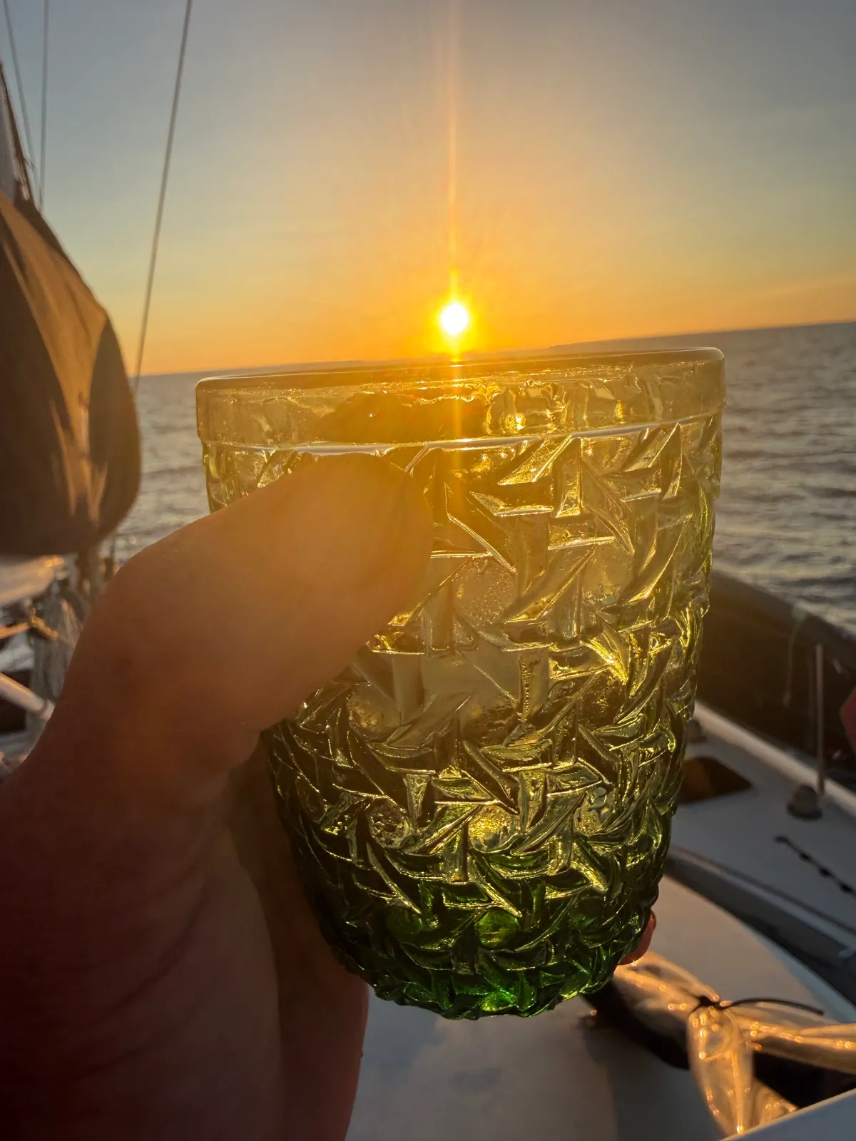 Pineapple cocktail cup silhouetted against setting sun
